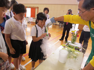 「冷たそう」。液体窒素で凍った野菜を触ってみます